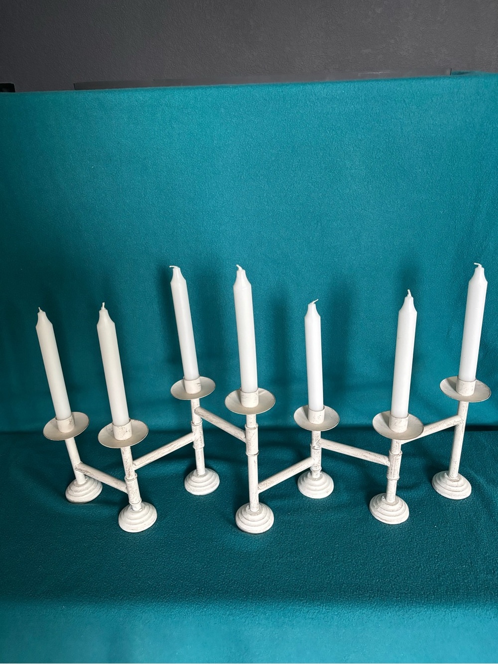 White Metal Multi-Arm Candle Holder with White Taper Candles - Picture 2 of 6